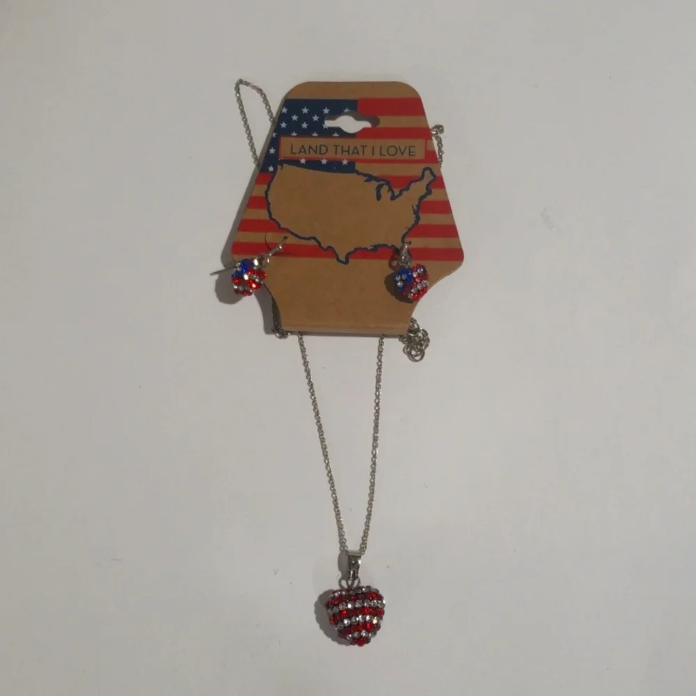 Women's Silver Heart Rhinestone Necklace American Flag  -  Patriotic  Jewelry